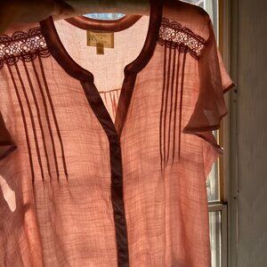 Flower & Feather Pink Short Sleeve Blouse with Buttons 2XL